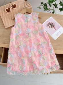 Girls' Casual Fashion Big Bow Embroidered Tank Dress, Summer - Pink - View 2