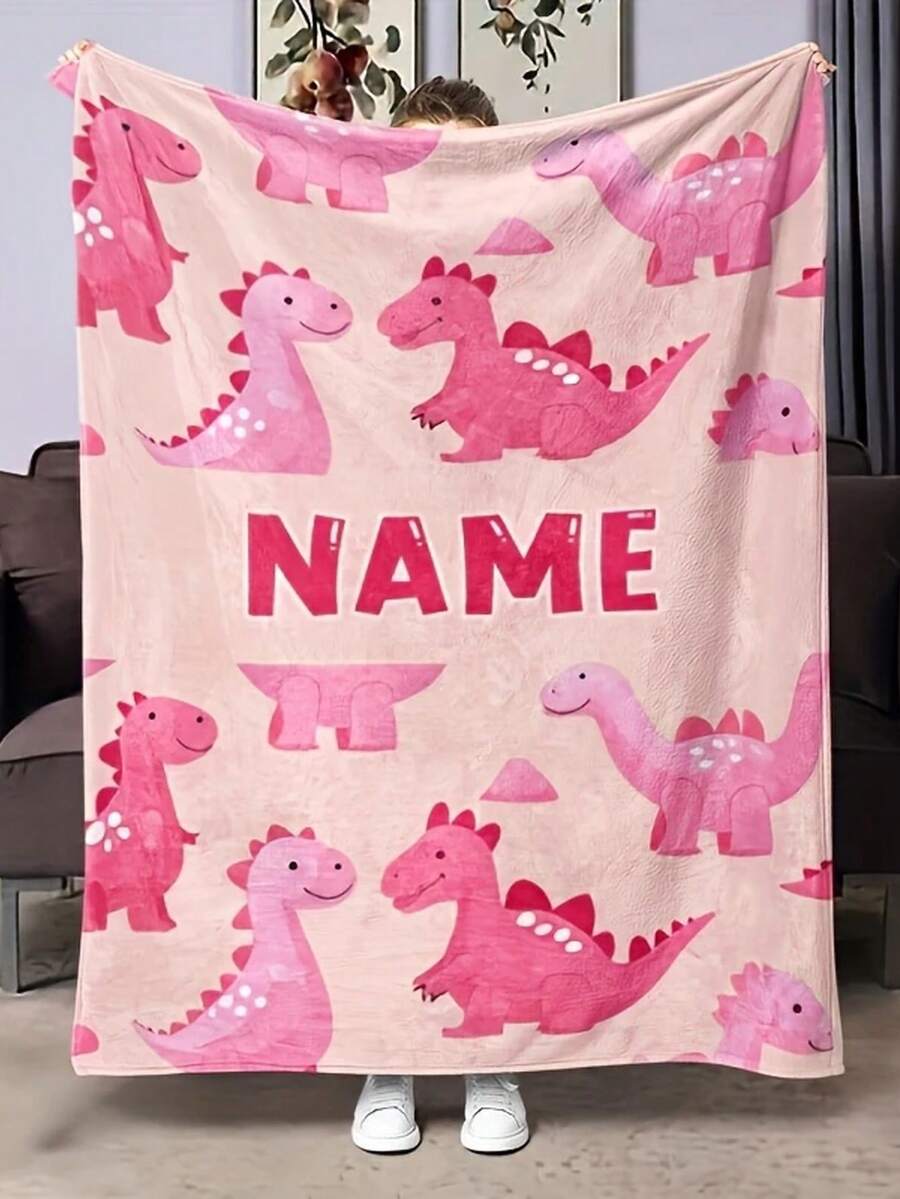 1 Pc Customizable Pink Dinosaur Themed Personalized Blanket - Soft & Warm, Suitable For Sofa, Bed, Travel, Camping | Personalized Gift For Friends And Family - Multicolor - View 1