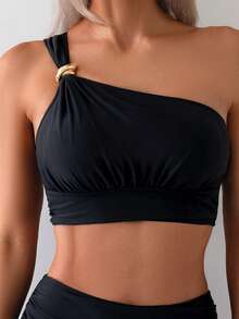 1套女士纯色不对称单肩比基尼泳衣，2件套休闲度假沙滩泳装黑色夏季 - 黑色 - 查看 3