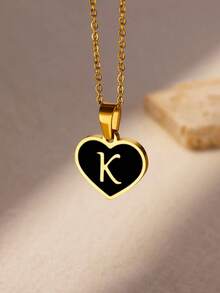 Stainless Steel Initial Letter Black Heart Necklaces Women Gothic Name Pendant Charm Necklace Wedding Jewelry Anniversary Gifts - Yellow Gold - View 1