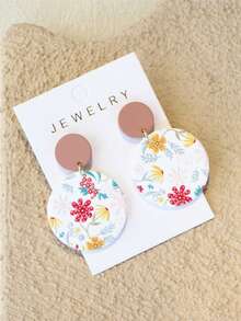 1 对女士可爱雏菊花印花陶瓷效果优雅圆形亚克力耳环