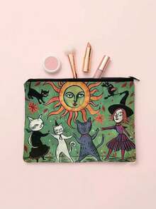魔法森林之夜化妆包 - 万圣节礼物 - 深绿色包，带有异想天开的女巫、猫和月亮设计，拉链袋可容纳化妆品、铅笔或零食 - 送给姐妹、学生和成人的完美礼物，多用途袋 | 天体艺术 | 耐用拉链封口，大号化妆包 - 彩色 - 查看 2