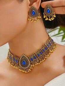 1pc Peacock Wing Crystal Teardrop Necklace And 1 Pair Vintage Drop Pearl Earrings, Exaggerated Women Jewelry Set - Bronze - View 3