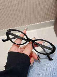 Y2K 女士小窄框复古无度数椭圆形黑色镜框眼镜，附赠眼镜盒和清洁布 - 黑色 - 查看 4
