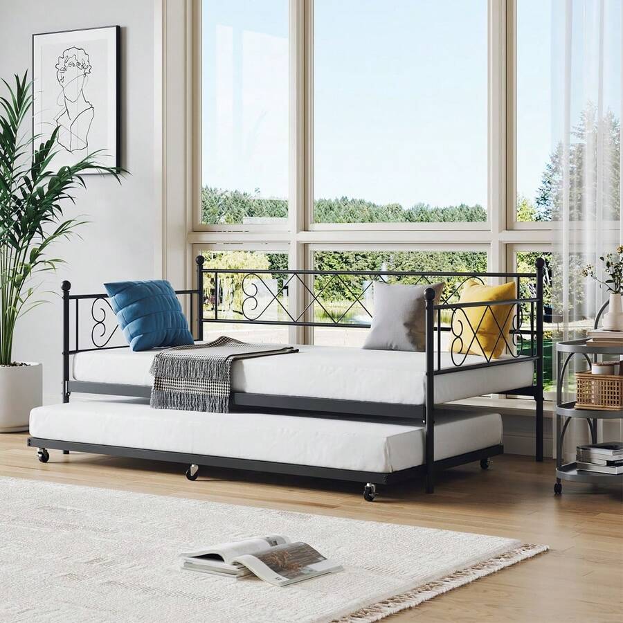 Huisuilinss Twin Daybed With Trundle,Metal Twin Bed Frame With Stylish Headboard,Sofa Bed Frame,Metal Daybed Trundle Bed Twin,Steel Slat Support For Living Room Bedroom Guest Room - Black - View 1