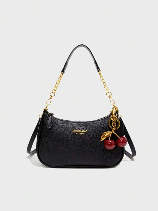 New Fashion Classic Wild Letter Pattern Decoration Design Solid Color Pu Waterproof Fabric Shoulder Bag Crescent Bag Underarm Bag Suitable For Shopping, Can Be Slung. With Cherry Pendant Decoration, Summer Crescent Bag, Seaside Holiday, School Season, Ladies Purse.