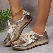 Women's Leather Trainer Shoes With Lace-Up Fashion Sneakers Classic Casual Walking Shoes - 金色 - 查看 7