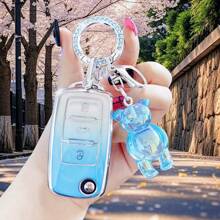 TPU Textured Pink Car Key Fob Cover/Rhinestone & Pink Bear Exquisite Collision/Sweet Style: Rhinestone Keychain & Pink Purple Bear Key Companion/Street Fashion Style! Rhinestone Key Accessory, Blue Bear Super Attractive Suitable For Polo Tiguan Passat B5 B6 B7 Golf 4 5 6 MK6 Jetta Lavida//A Folding 3 Buttons/Lamando/Dedicated/Superb/Lavida/Cómemeck/Xinrui Exclusive, Ideal Gift For Valentine's Day