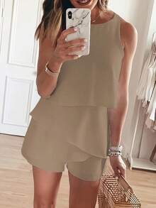 Women's Solid Color Casual Elegant Ruffle Hem Sleeveless Jumpsuit, Suitable For Spring, Summer, Autumn And Winter - Mocha Brown - View 1