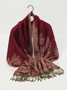 1 szt. żakardowy szal z frędzlami i wzorem orzechów nerkowca, hidżab - Wielokolorowe - Zobacz 3