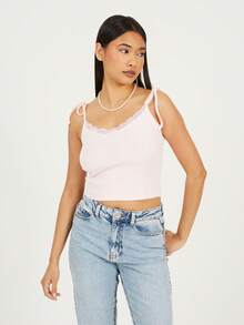 brave soul Tie Strap Vest With Lace Detail - Hồng - Xem 3