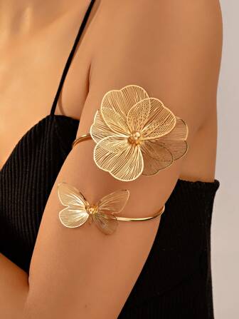1pc Summer Hollow Flower Butterfly Metal Arm Band Bracelet, Unique Beach Vacation Jewelry Accessory