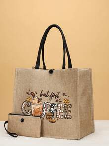 2 Pieces Letter Print Canvas Tote Bag Set - Khaki - View 1