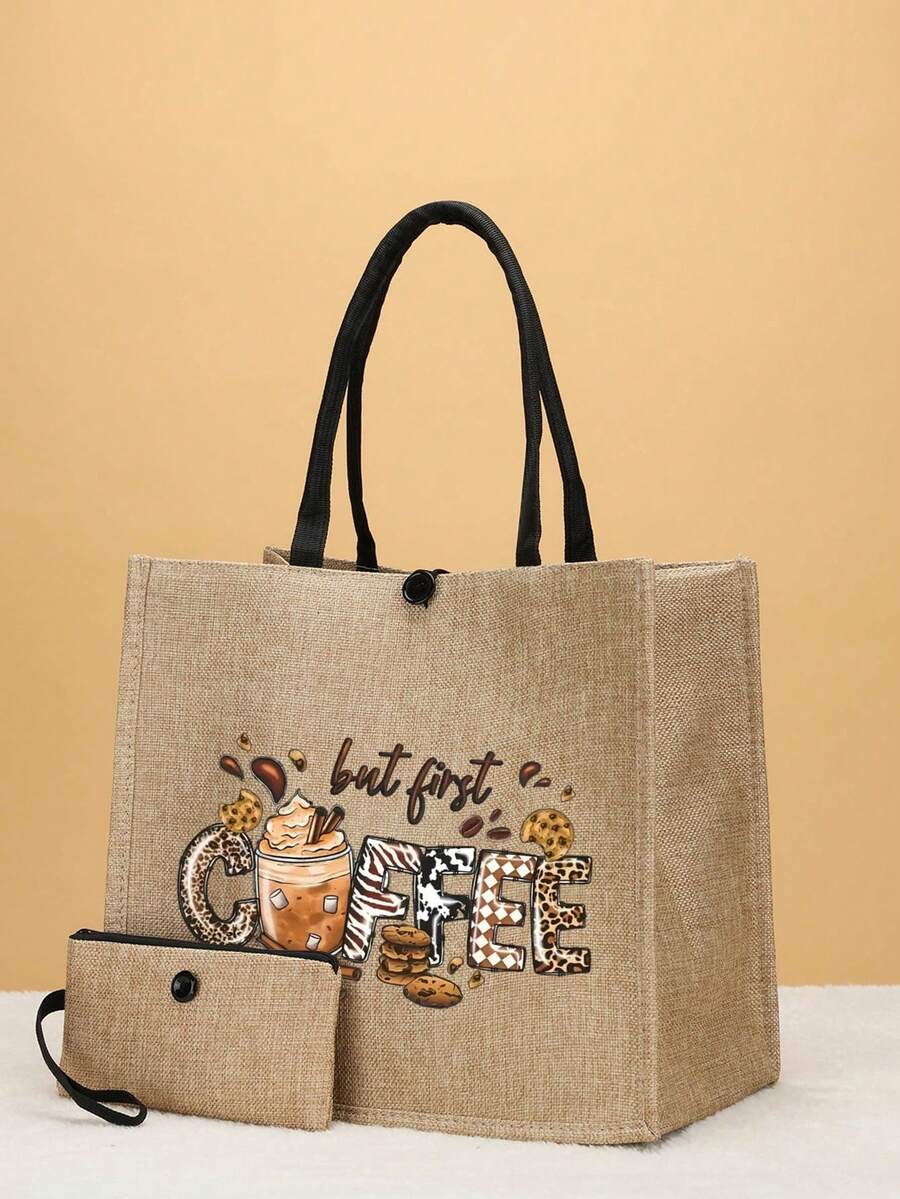 2 Pieces Letter Print Canvas Tote Bag Set - Khaki - View 1
