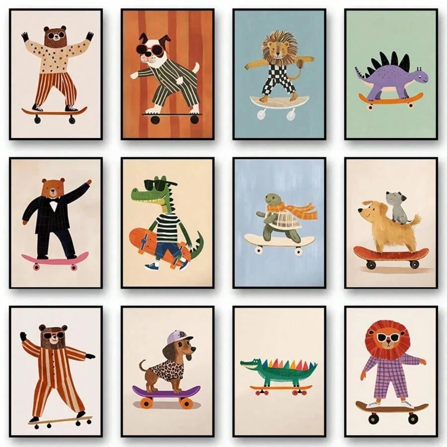 1PC Optional Frame Modern Funny Animals Rabbit Dog Bear Cat Lion Skateboard Posters Prints Crocodile Wall Arts Canvas Room Decor ,Wall Art With Frame - Multicolor - View 1
