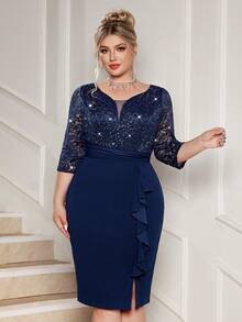 Plus Deep V-Neck Sequin Floral Lace Contrast Ruffle Trim Split Hem Evening Party Bodycon Dress, Semi Formal Wedding Guest Dress, For Birthday, Graduation, Dinner, Homecoming - Navy Blue - View 3