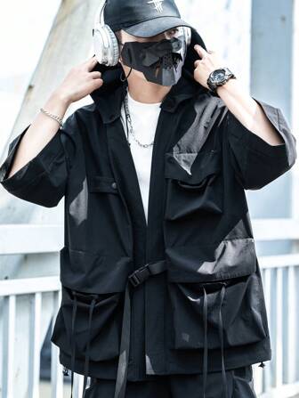 Unisex Summer Short Sleeve Hooded Robe Windbreaker, Detachable Hood, Japanese Functional Workwear Jacket With Multiple Pockets, Lightweight, Fall