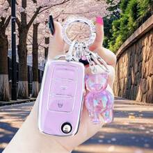 TPU Textured Pink Car Key Fob Cover/Rhinestone & Pink Bear Exquisite Collision/Sweet Style: Rhinestone Keychain & Pink Purple Bear Key Companion/Street Fashion Style! Rhinestone Key Accessory, Blue Bear Super Attractive Suitable For Polo Tiguan Passat B5 B6 B7 Golf 4 5 6 MK6 Jetta Lavida//A Folding 3 Buttons/Lamando/Dedicated/Superb/Lavida/Cómemeck/Xinrui Exclusive, Ideal Gift For Valentine's Day