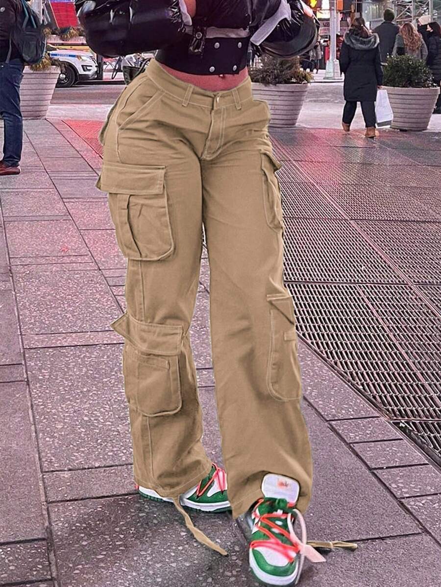 Cargo Women Pants Stretch Multi-Pocket Casual Y2K Style Black Baggy Pants - 卡其色 - 查看 1