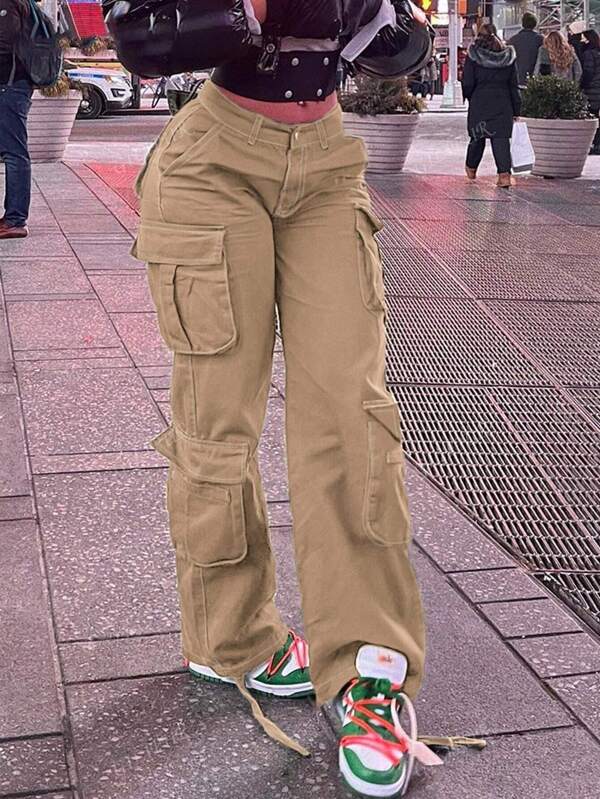 Pantalones de cargo para mujer con estilo casual Y2K, pantalones anchos y cómodos de color negro con múltiples bolsillos y elásticos