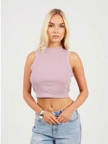 brave soul Cropped High Neck Ribed Vest - Purple - View 3