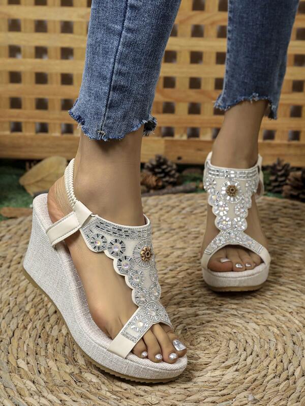 Sandalias tipo cuña de estilo bohemio con banda elástica para mujer, color plateado, suela duradera y antideslizante, cómodo tacón de plataforma, adecuadas para primavera y verano