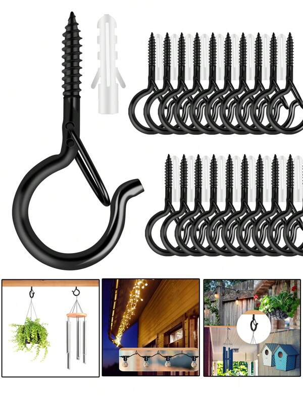 12pcs-Q Hooks With Safety Clips, Outdoor String Light Hooks, Windproof Screw Hooks For Outdoor String Lights To Hang Christmas Lights, Plants, Hanging Baskets