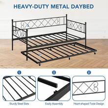 Huisuilinss Twin Daybed With Trundle,Metal Twin Bed Frame With Stylish Headboard,Sofa Bed Frame,Metal Daybed Trundle Bed Twin,Steel Slat Support For Living Room Bedroom Guest Room - Black - View 7