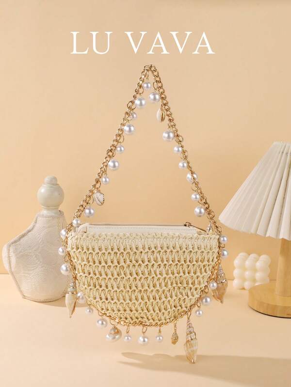 مجموعة شتوية جديدة منسوجة يدويًا من LU VAVA للصيف والربيع - حقيبة S Boho قابلة للتعديل مرصعة باللؤلؤ لحفلات الزفاف على الشاطئ، & amp؛ كهروب ومساء، حقيبة قرد فنية مع أشواط من اللؤلؤ