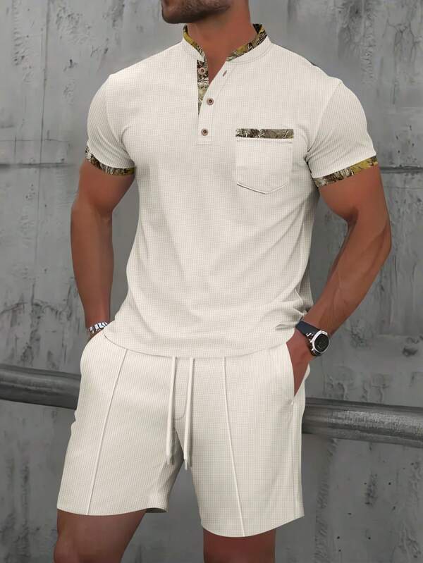 2pcs Men's Casual Outfit: Stand Collar Short Sleeve T-Shirt And Shorts Set, Suitable For Summer, Men's Waffle Fabric Vacation & Workout Clothes