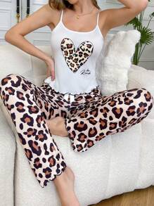 Set de 2 piezas de pantalones largos y camiseta de tirantes con estampado de leopardo, pijama cómodo y lindo, adecuado para adultos y adolescentes, apto para primavera/verano/otoño