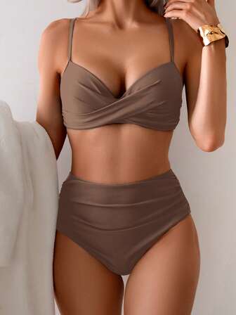 2pcs/Set Summer Solid Color Sexy Elegant Bohemian Spaghetti Strap Bikini Swimsuit For Beach Resort