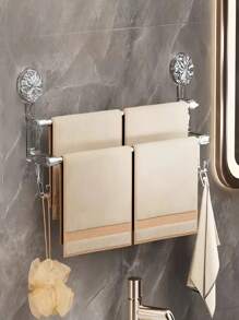 Double-Pole Wall-Mounted Towel Rack With Hooks, Household Non-Perforated Bath Towel Storage Rack With Suction Cups, Bathroom Storage Rack, Dry And Wet Towel Dual-Purpose Storage Rack, Bathroom Organizer, Door Rear Hook, Metal Storage Hanging Rod, Suitable For Towels, Bath Towels, Scarves, Bath Flowers, Home Decoration, Room Decoration, Bathroom Accessories