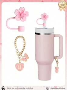 2pcs/Set Cup Accessories - Pink Letter Cup Markers & Silicone Hibiscus Flower Straw Lids, Reusable 10mm Diameter Straws With Cute Letter/Butterfly Decorations For Modern Minimalist Glass Cups, Back To School Supplies