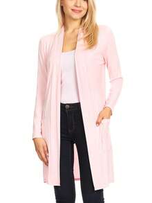 Classic Open Front Long Sleeve Cardigan With Side Pockets  Plain  Casual    Pocket      Daily - 粉色 - 查看 1