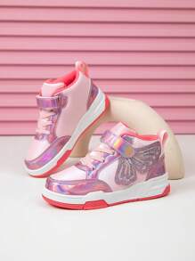 زوج من أحذية الأميرة ذات أسلوب توأم الفراشة المطرزة لفتيات، أحذية كانفاس عالية الأعلى للأطفال لامعة من جلد البولي يوريثان، مناسبة لجميع الفصول، قاعدة ملونة