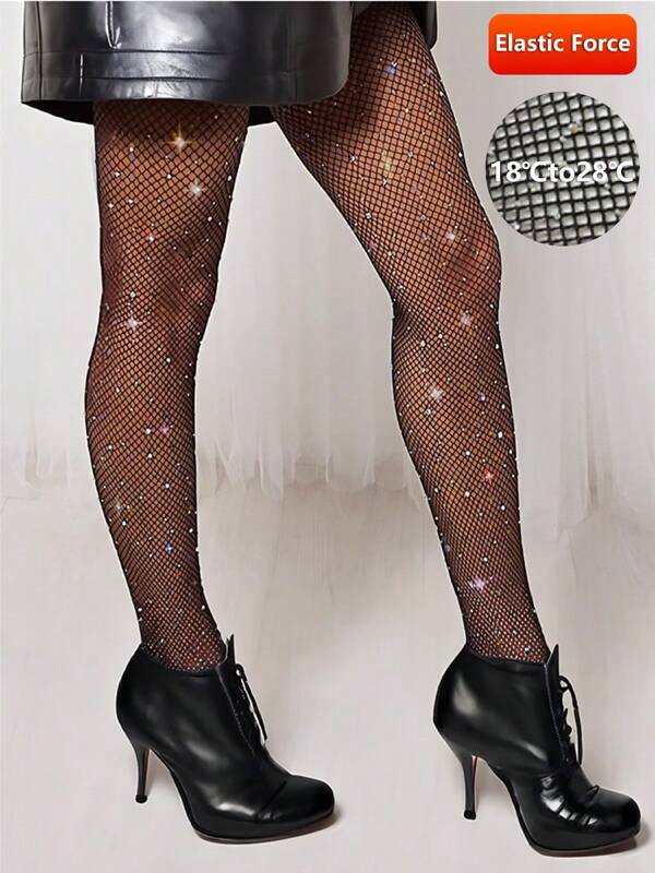 Women's Fashion Rhinestone Crystal Fishnet Socks Tight Pants, Ladies' Sexy High Elasticity Mesh Tights, Suitable For Daily Wear, Home Leisure, Outdoor, Commuting, Rave Parties, And Sexy Occasions, Stockings, Leggings