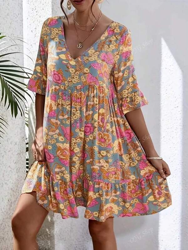 New European & American Cross-Border Fashion V-Neck Floral Print Bohemian Style Midi Dress For Ladies, Summer