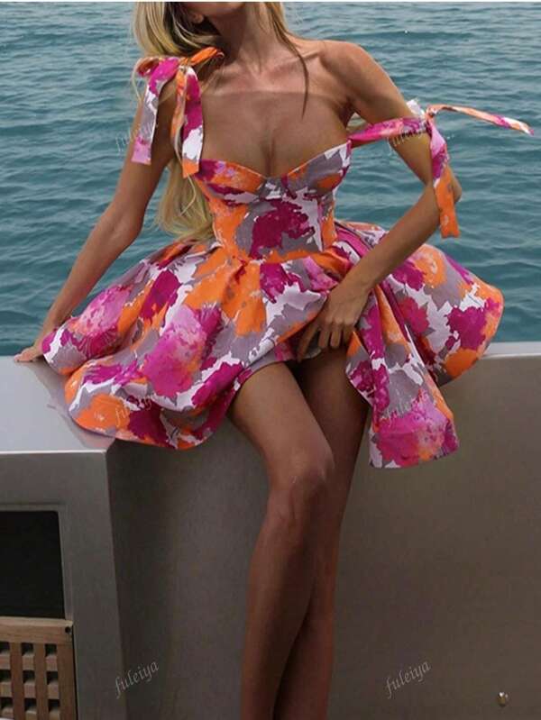 Rochie de vară pentru femei, cu imprimeu tridimensional, lungime completă, cu nod, scurtă și fustă