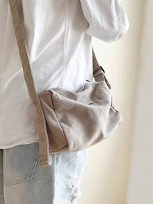 1pc Light Gray Mini Fashion Canvas Bag, Lightweight Foldable Crossbody Small Square Bag, Zipper Closure Portable Small Cloth Bag, Suitable For Daily Shopping, Work Commute, College Style Student Shoulder Bag, Phone Bag With Front Pocket For Keys - Light Grey - View 4