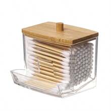 1 pieza Soporte de acrílico para hisopos con tapa de bambú, dispensador pequeño transparente de bastoncillos, contenedor de plástico para palillos de oído, organizador de almacenamiento decorativo para el tocador del baño