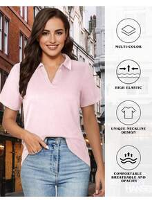 Polo Shirts For Women, V-Neck Business Casual Tops For Women, Summer Lapel Collar Tunic Tops Short Sleeve Work Blouses - 粉色 - 查看 3