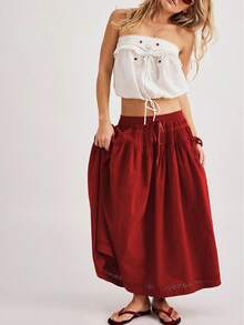 Women Long Skirt 2 Pieces Set Hollow Out Eyelet Lace Tie Front Vest And Skirt 2PCS Outfits Vintage Solid Color Set - Đỏ - Xem 3