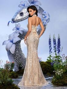 LUVISTRUE 优雅亮片正式礼服，女士派对礼服，适合毕业典礼、鸡尾酒会、舞会、颁奖典礼等场合，露背美人鱼长裙 - 米色 - 查看 2