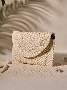 Tropiscape Corn Husk Weave Dinner Clutch Bag Women's Fashion Simple Solid Color Large Purse Woman Summer Casual,Perfect For Summer Travel Vacation,Straw Purse,Straw Beach Bag,Beach Necessities,Beach Essentials,Beach Stuff & Summer Essentials, Best Women Bag For Beach Vibes Beach Autumn Winter Gifts - Khaki - View 2