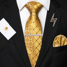 1/2/3/4/5 件男士金色格子真丝领带套装，格纹缎面真丝领带，口袋巾，袖扣，银色领带夹和各种别针（星星，飞机，音符，闪电），男士的理想礼物，适用于婚礼，商务，正式，约会之夜，宴会，婚纱摄影，毕业典礼 - 金色 - 查看 4