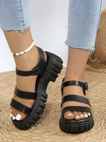 Damen Sandalen in Große Größen mit einfarbigem, dickem Absatz - Bequeme Sandalen mit dicker Sohle und offenem Zehenbereich, verstellbarem Riemen, rutschfester Gummilaufsohle - vielseitige Sommersandalen für Sport und Mode