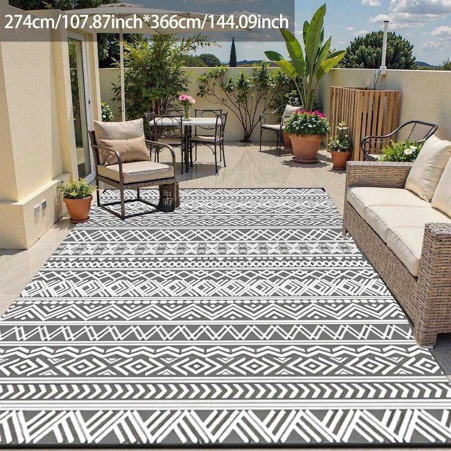 Outdoor Rug,Patio Rug,Reversible Portable Outdoor Plastic Straw Rug,Camping Rugs For Outside RV,Large Waterproof Area Rugs For Patio,Deck,Picnic,Porch,Balcony(6'x 9',White&Gray)