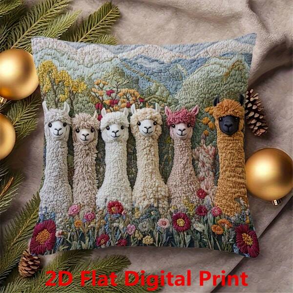 1 Peça Fronha Estampada Plana 2D, Impressão Fofa de Amigos Alpaca, Impressão de Um Lado, Lavável em Máquina, Fechamento com Zíper, Fronha Decorativa de Poliéster para Sofá, Sala de Estar, Quarto - Sem Inserção, Sem Bordado