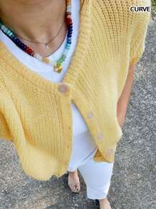 Spring And Summer Thin Fashion Casual Vacation Hundred Cream Crew Neck Short Sleeve Cardigan Sweater, Spring And Autumn Style Brunch Outfits For Women